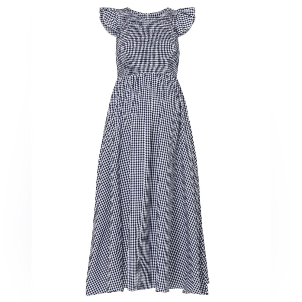 Gingham Maxi Dress with Flutter Sleeves - Navy/White